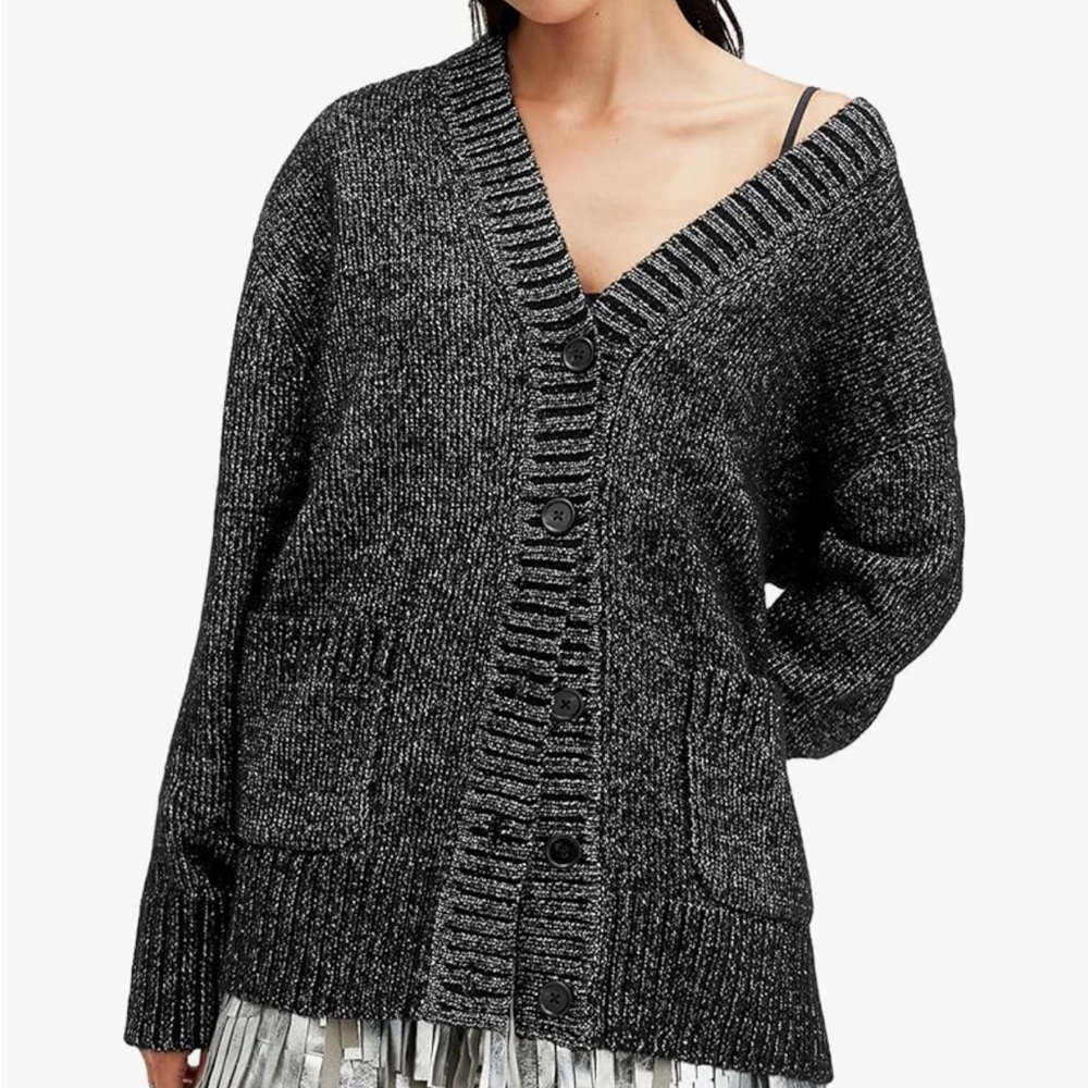 All Saints Black Gray Marled Button-Up Chunky Cardigan